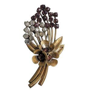Czecho Brooch Czech Glass Flower Bouquet Brass Tone Vintage Stunning Floral